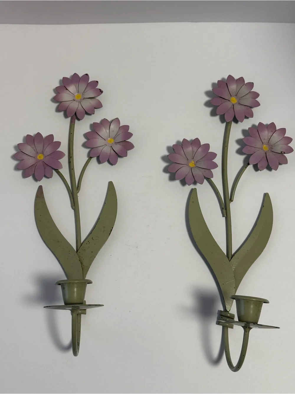 Vintage Metal Floral Wall Sconces Pair Purple Daisies